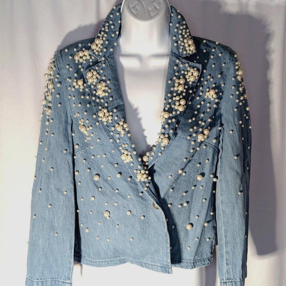 DIXIE ITALY denim jean JACKET Sz S PEARLS COVERED Design & Made in Firenze ITALY